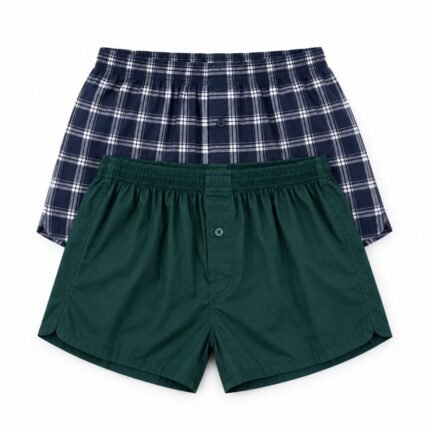 AURIEL MBS08 fixed 2-piece cotton boxer set, navy check and solid green