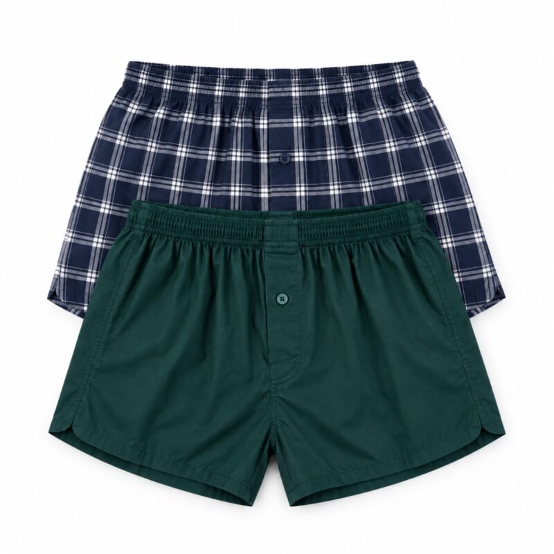 AURIEL MBS08 fixed 2-piece cotton boxer set, navy check and solid green