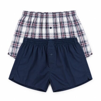 AURIEL MBS07 fixed 2-piece cotton boxer set, white check and solid navy