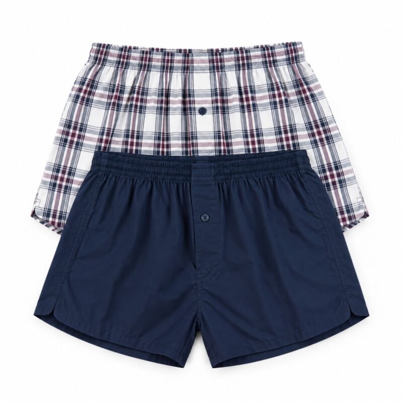 AURIEL MBS07 fixed 2-piece cotton boxer set, white check and solid navy